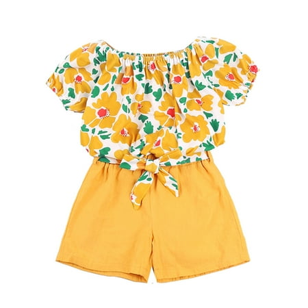 

SSPalu Girls Cute Flower One-shoulder Short-sleeved Top and Shorts 2Pcs