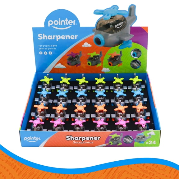Pointer Manual Pencil Sharpeners, Helicopter-Shaped , Counter Display, Assorted Colors, 24 Count, 1 Pack