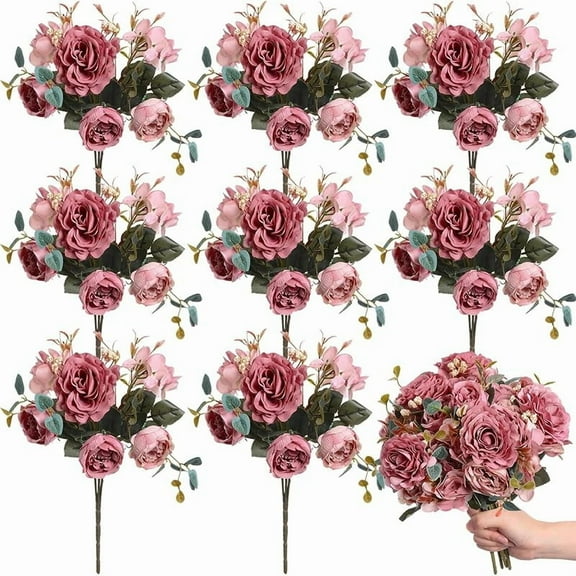 8 Packs Artificial Peony Flowers Faux Silk Hydrangea Bouquet Vintage Wedding Home Table for Door Decor Reusable Bouquet of Rose Flowers for Valentine Wedding Birthday Party(Dark Pink)