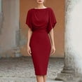 thumbnail image 2 of Women Solid Cowl Neck Dolman Short Sleeve Bodycon Midi Dress, High Waist Slimming Knee-Length Pencil Dress, Elegant Stretch formal office Party Wear Dresses Wine XL(XL), 2 of 5