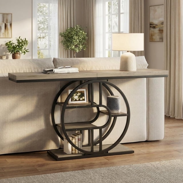 Industrial Console Table 55 Inch – 5 Circle Storage Shelves – Narrow Metal Frame – Accent Dining Table for Entryway, Hallway, Living Room, or Behind Sofa