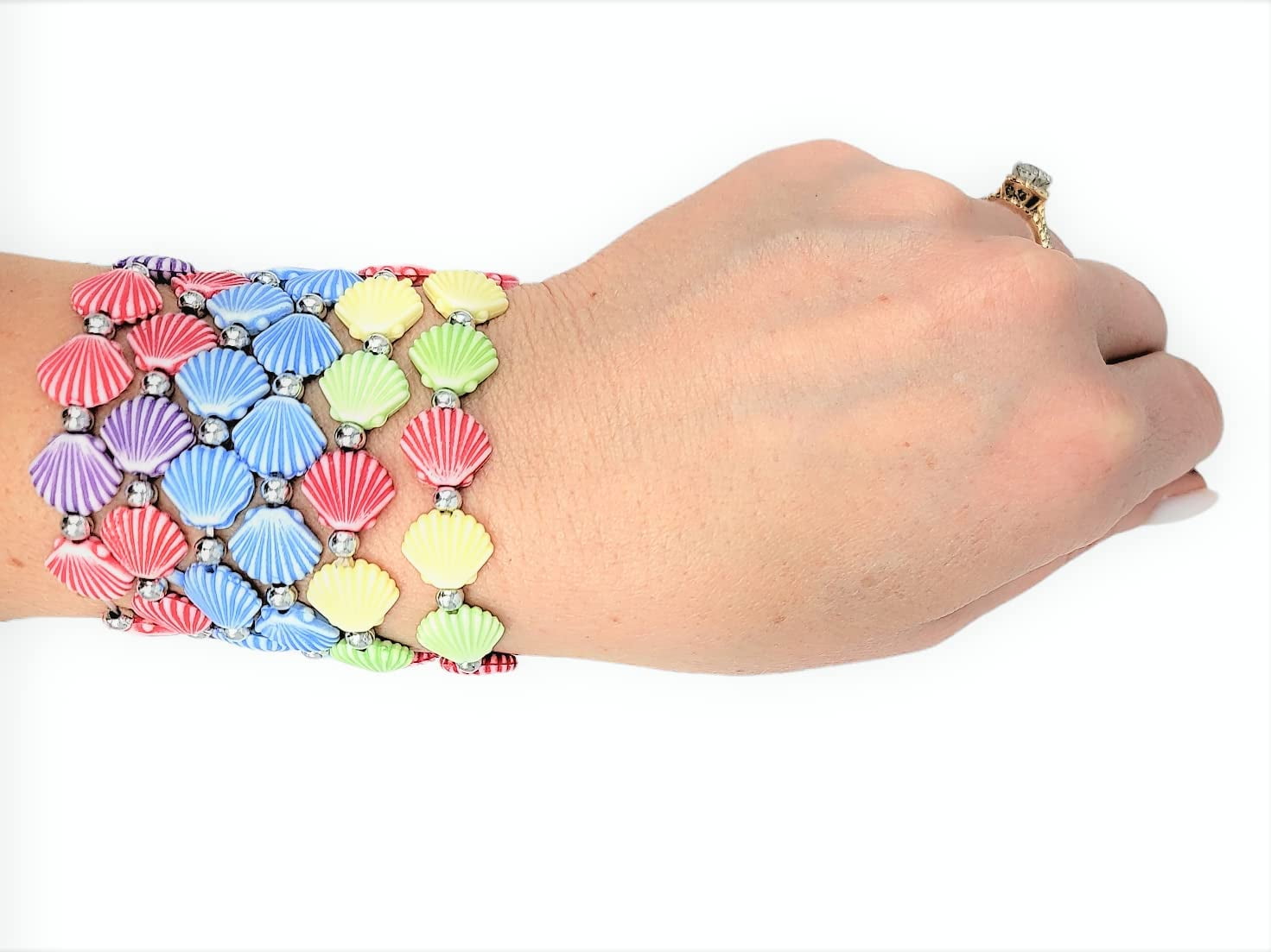 12-Pack Colorful Faux Sea Shell Stretch Bracelets For Kids - Mermaid Party Favors