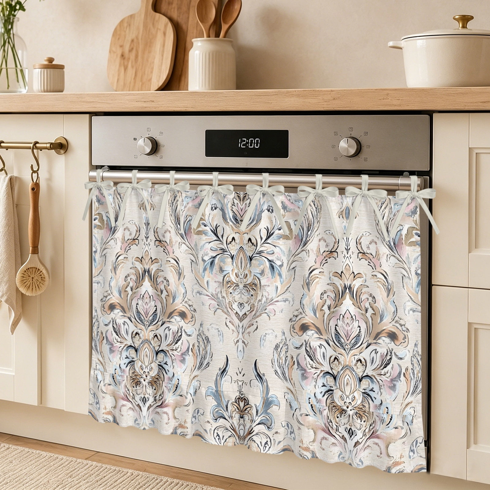Curlicue Bloom Oven Skirt Curtain Rustic Vintage Classic Beige Blue Symmetrical Tie Top Tier Curtains Stove Dishwasher Skirt Small Window Drapes for Kitchen Bathroom Cafe 32 x24