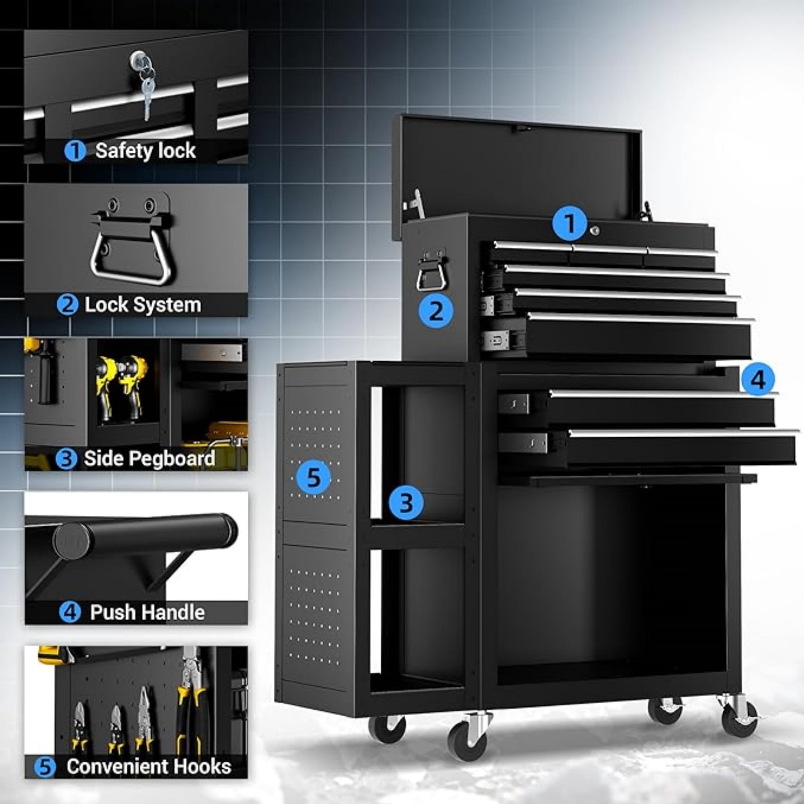 Rvchic 8-Drawer Rolling Tool Chest with Locking System & 3 Large Lockable Cabinets for Garage Workshop ,Includes Protective Mat & Side Cabinet
