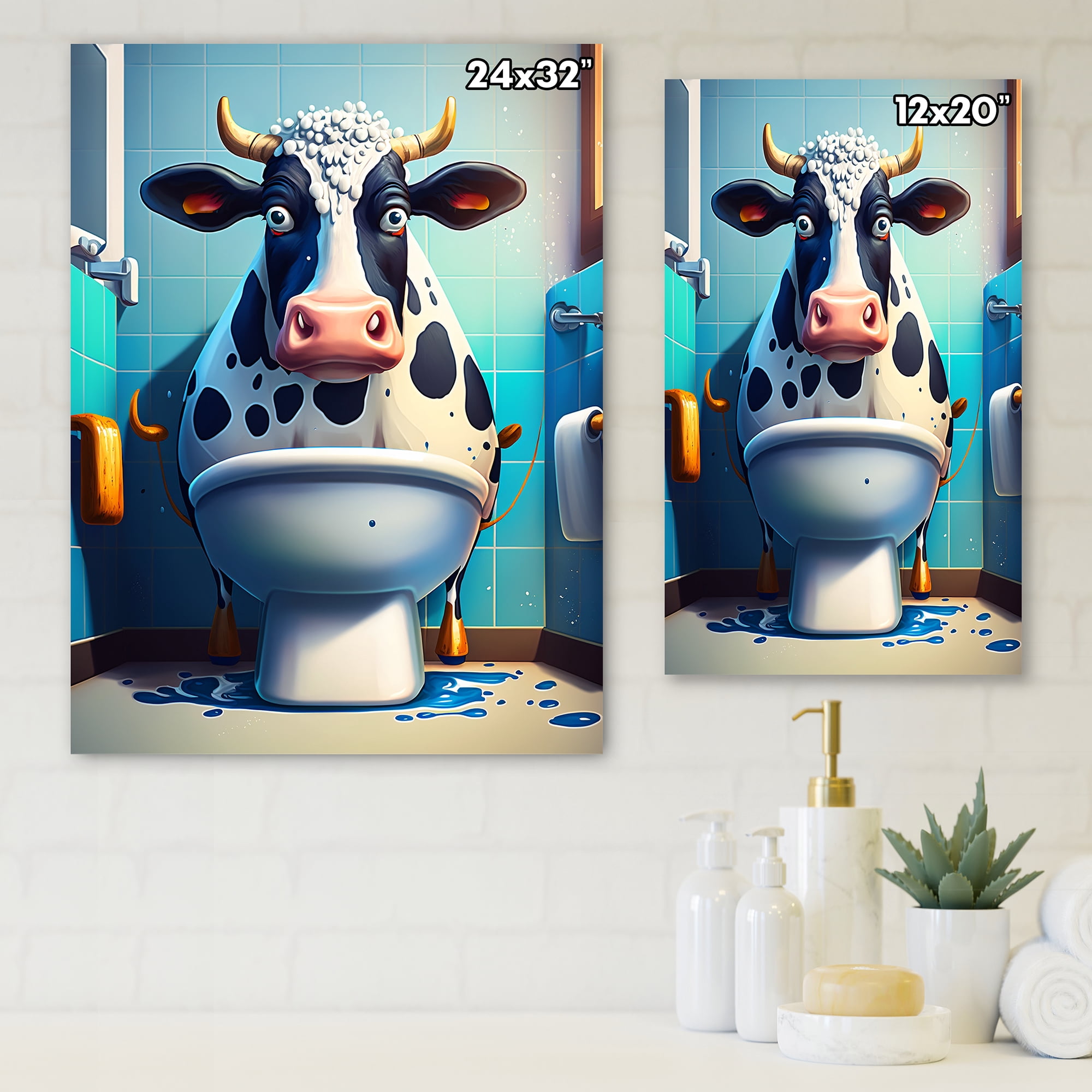 Designart Cute Cow On Toilet Canvas Wall Art