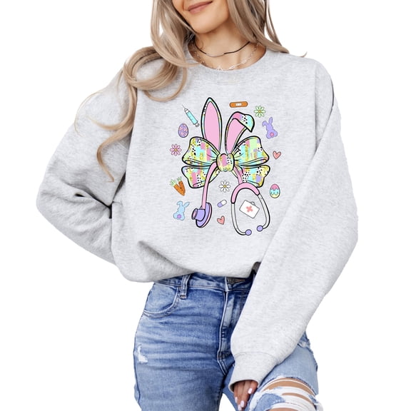 Easter Nurse Sweatshirt for Women - Cute Bunny Bow Stethoscope Graphic Tee Gray Sweatshirt Adult Small