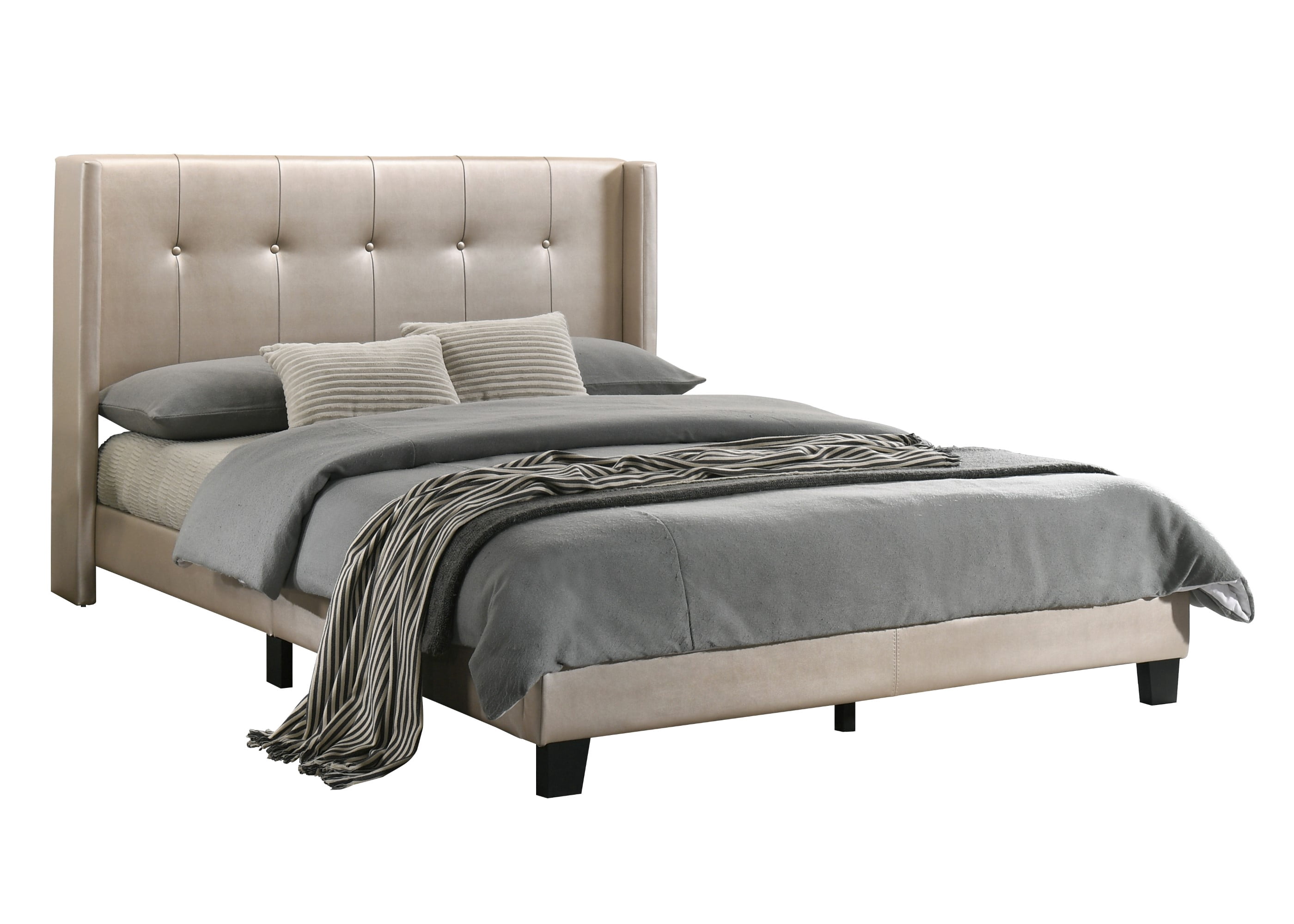 Home Design Evelyn King Upholstered Platform Bed Frame with Tufted Headboard and Wingback Design, Champagne, Easy Assembly