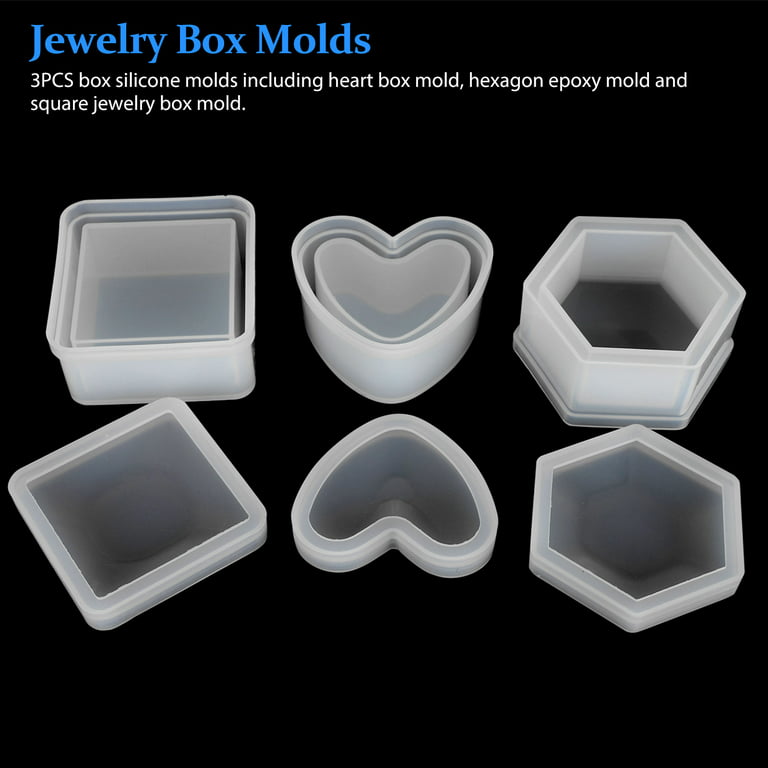 3pcs Silicone Resin Molds with Lid, Jewelry Storage Box Epoxy Resin Casting  Molds with Heart Hexagon and Square Shape, Jewelry Pendant Box Casting Molds,  DIY Art Craft Tools Set for Beginners 