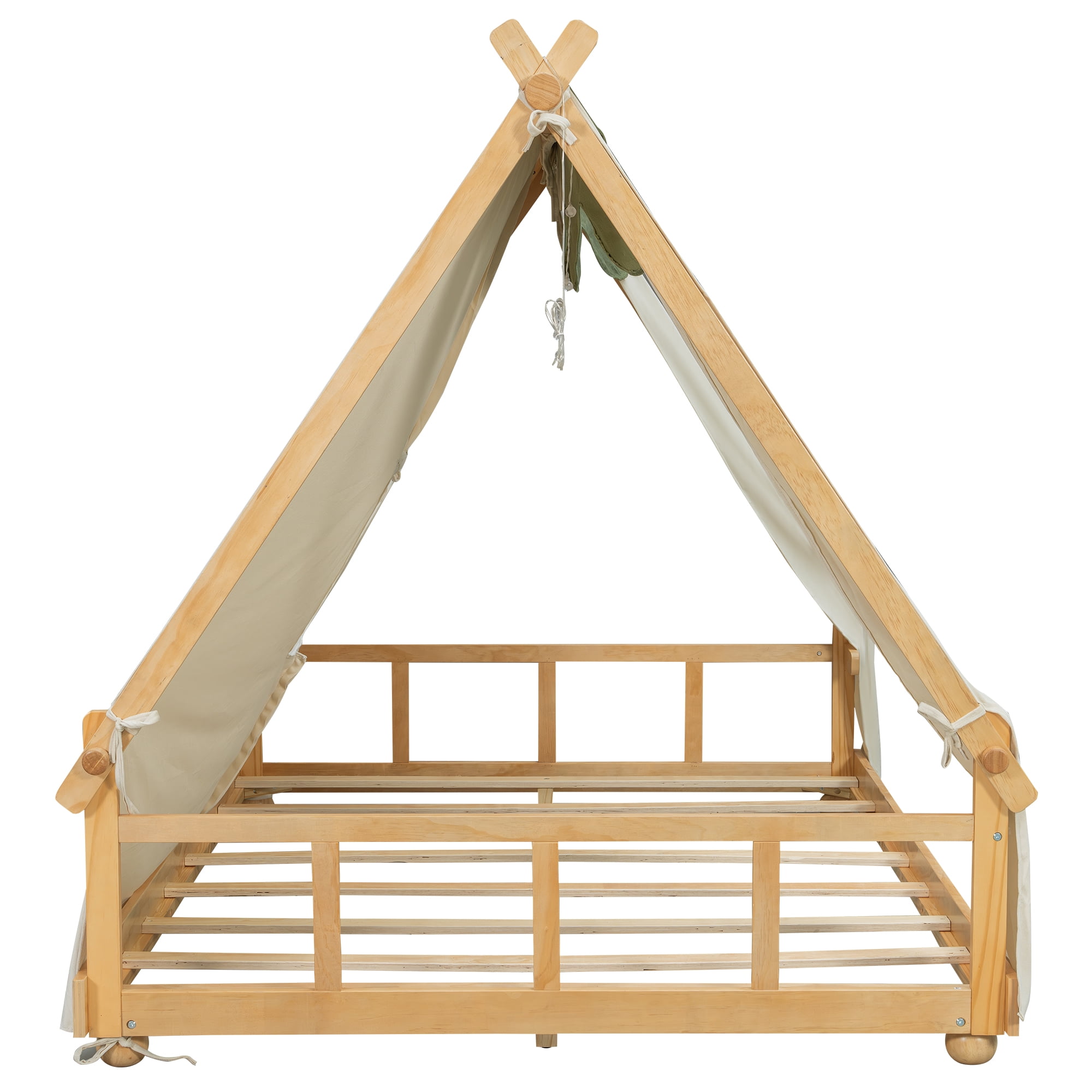 House Bed Full Size, Wooden Floor Bed Frame with Detachable Tent and Skylight Light, MDF+LVL Construction for Kids Bedroom and Playroom, White
