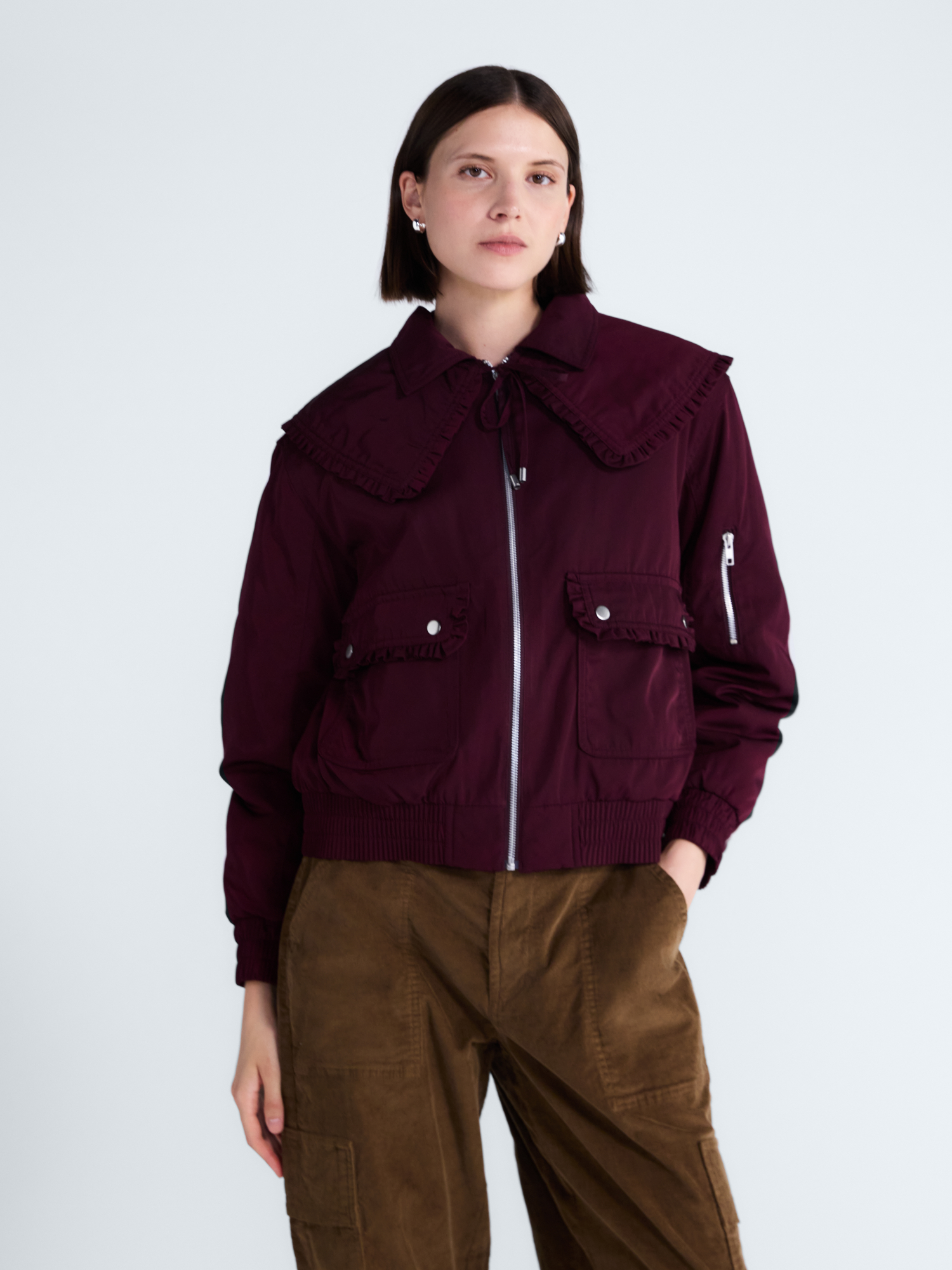 Free Assembly Women's Ruffle Collar Bomber Jacket photo 2