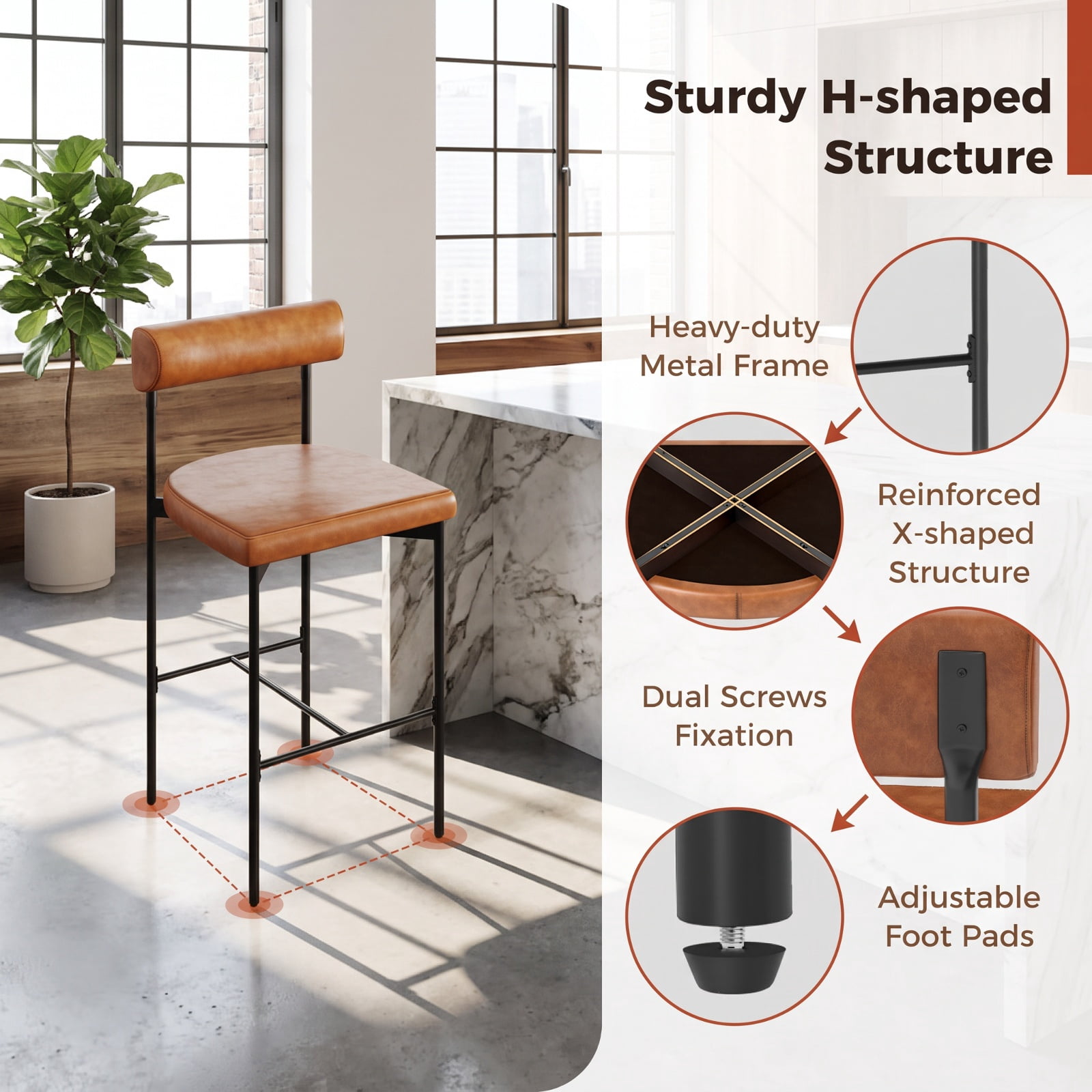Furnibear 26 Inch Upholstered Bar Stools Set of 2 Counter Height Bar Chairs with Backrest for Kitchen Island Counter Bar Pub Dining Home, Brown