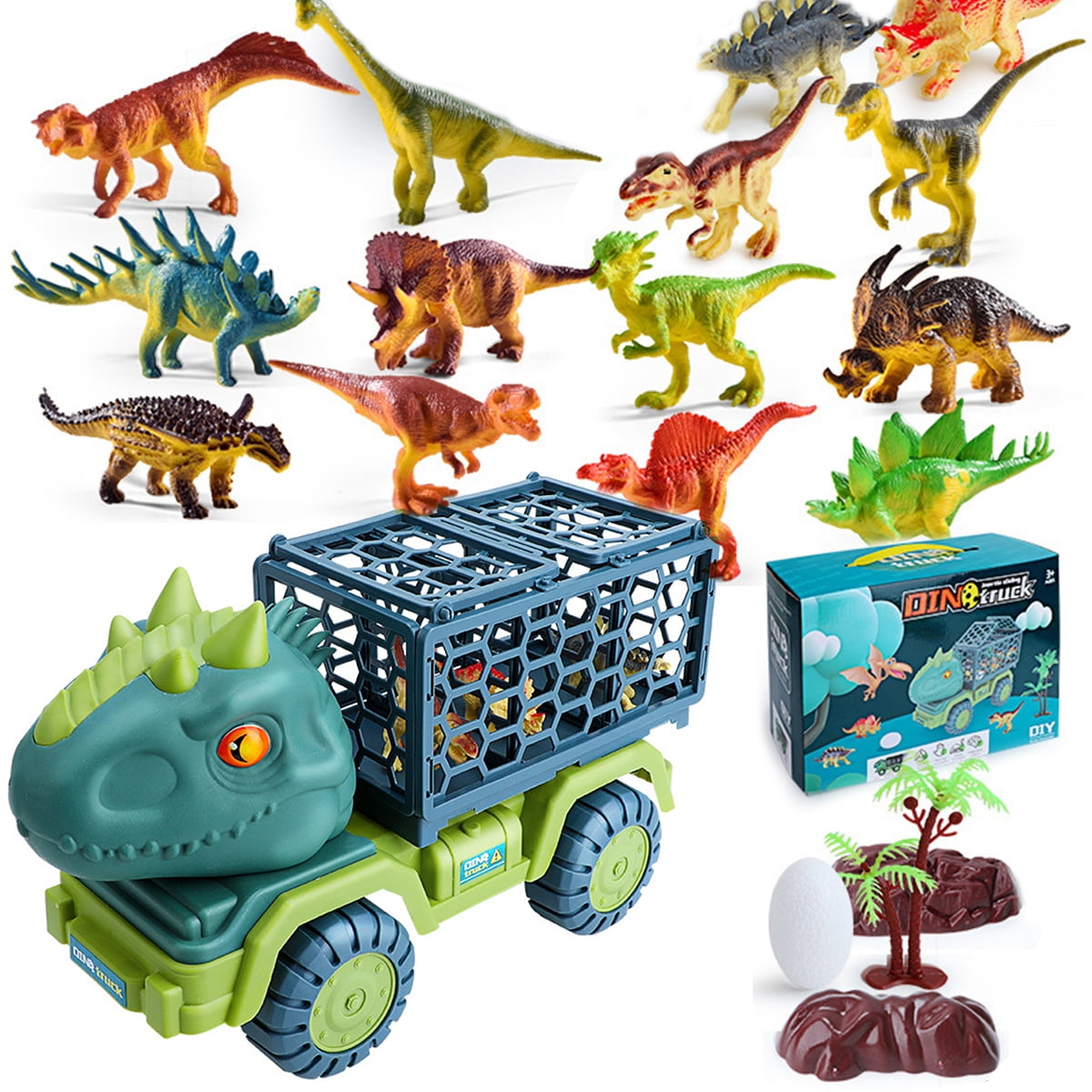 Keyohome Large Dinosaur Toy Transport Truck Cartoon Dinosaur Car Carrier with 15 Mini Dinosaurs