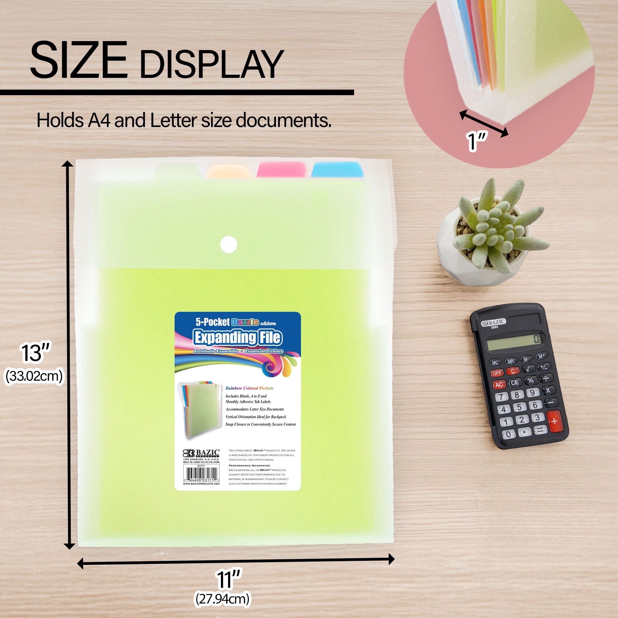 BAZIC Expanding File Folder 5 Pockets w/ Tab, Letter Size Plastic File Pocket Folders, 12-Pack