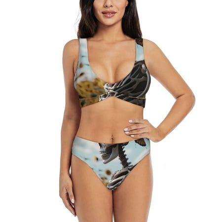 Zeuib Sunflower Butterfly Skull High Waisted Tummy Control Bikini Set - Knot Front Push Up Top & Cheeky Thong Bottom  Two-Piece Swimsuit for Women-Medium