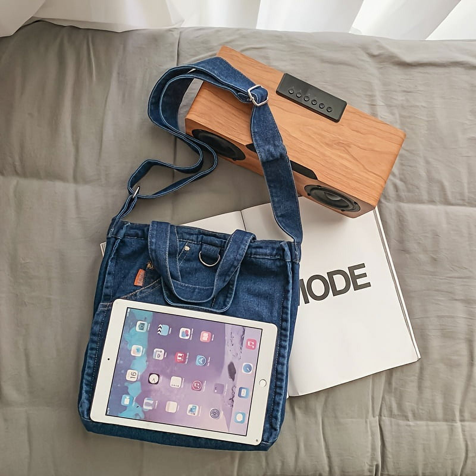 QUARRYUS Denim Design Tote Bag, Large Capacity Zipper Shoulder Bag with Adjustable Strap for Students, Women's, Blue