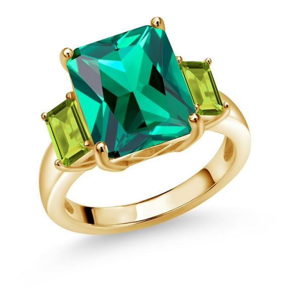 Gem Stone King 6.68 Ct Green Nano Emerald Green Peridot 18K Yellow Gold Plated Silver 3-Stone Ring (Size 9)