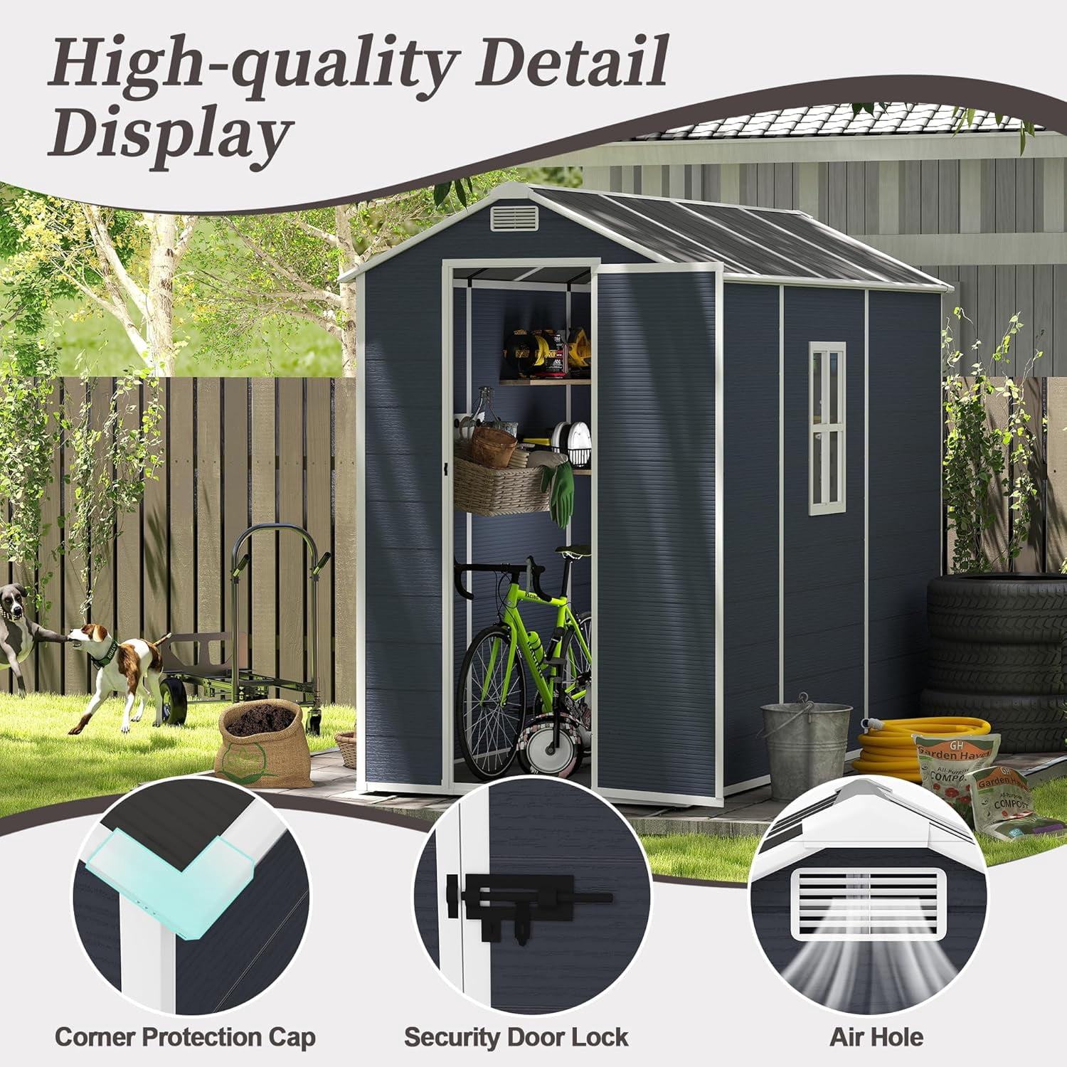 6x6 Ft Plastic Outdoor Storage Shed with Floor, Resin Plastic Tool Shed with Lockable Door for Yard, Garden Shed Patio, Weatherproof, Black