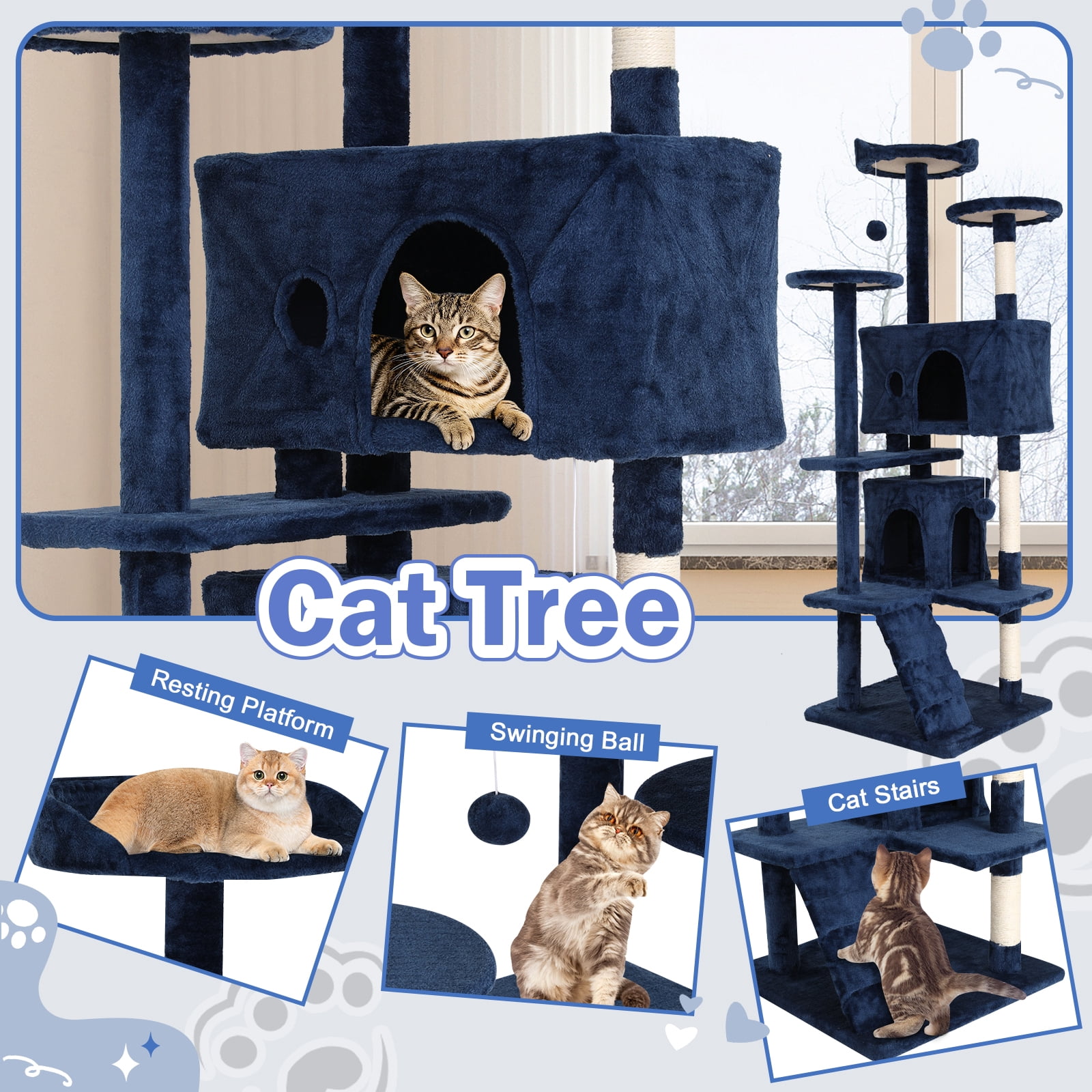 Dkelincs 70" Large Cat Tree Tower Multi-Level Cat Condo Pet Play House with Scratching Post & Hanging Toy for Indoor Cats, Navy Blue