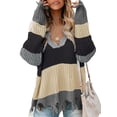 thumbnail image 1 of Asyoly Women's Waffle Knit Distressed Sweater V Neck Long Sleeve Striped Color Block Ripped Pullover Sexy Loose Jumper Casual Knitwear Tops, 1 of 7