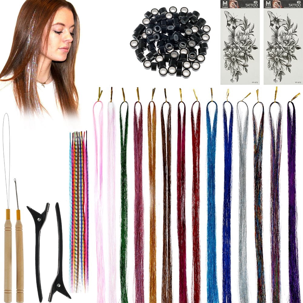 Kit de Guirlande pour Cheveux 14 Couleurs Lavable Extensions de Cheveux avec Outils Mode Fée Plume de Cheveux Guirlande Ensemble d'Outils Scintillants pour Femmes Filles Accessoires pour Cheveux