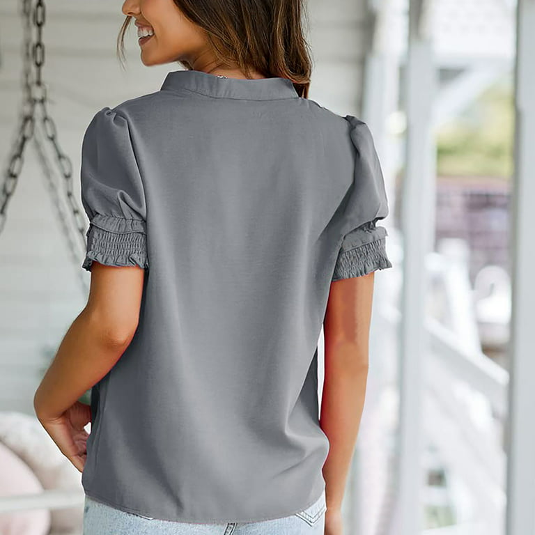 RYRJJ Womens Frill Puff Sleeve Summer Tops Chiffon Short Sleeve Blouses V  Neck Solid Color Shirts(Gray,S)