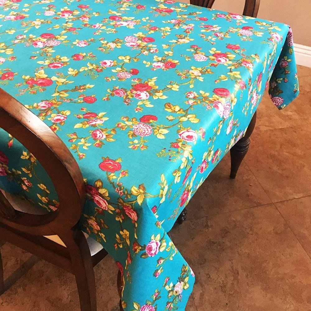 lovemyfabric Teal Blue Vintage Floral Cotton Tablecloth for Wedding/Bridal Shower, Birthdays