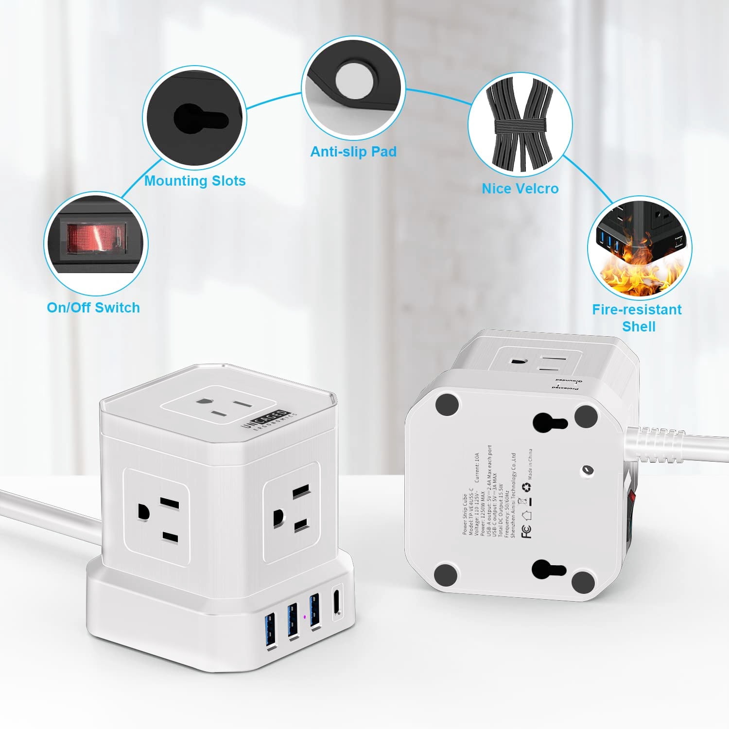 Cube Power Strip with Surge Protection – 10ft Extension Cord, 5 AC Outlets + 3 USB + 1 USB-C Fast Charging Ports, Mountable Charging Station with On/Off Switch
