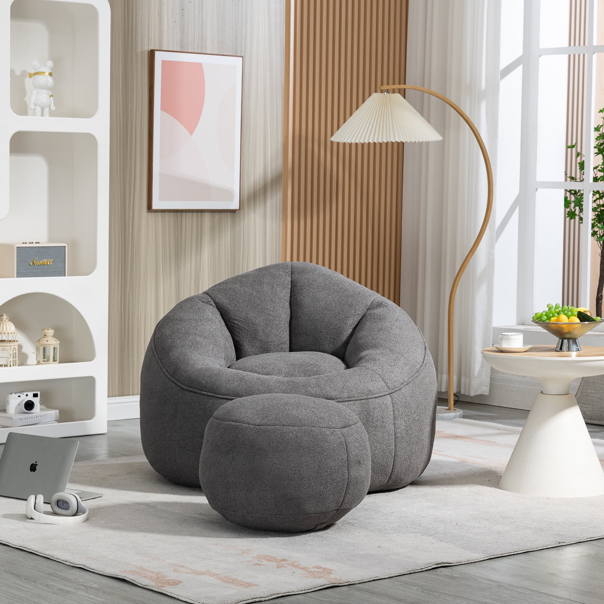 Bean Bag Chair With Footrest,Oversize Lazy Sofa Set with Ottoman,Upholstered Accent Chair Armchair for Adults & Kids,Gray