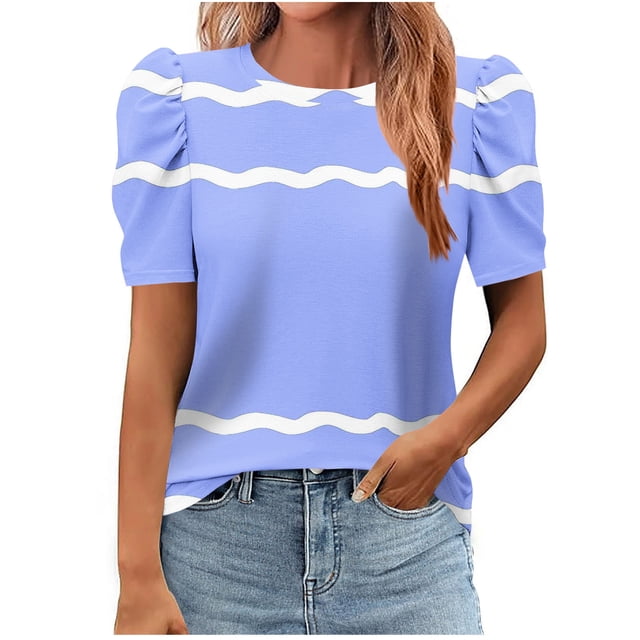 Pisexur Hauts pour Femmes, Hauts de Sortie pour Femmes & T-Shirt à Manches Courtes Col Rond Imprimé Haut Ample, Hauts de Printemps pour Femmes Bleu Ciel,S