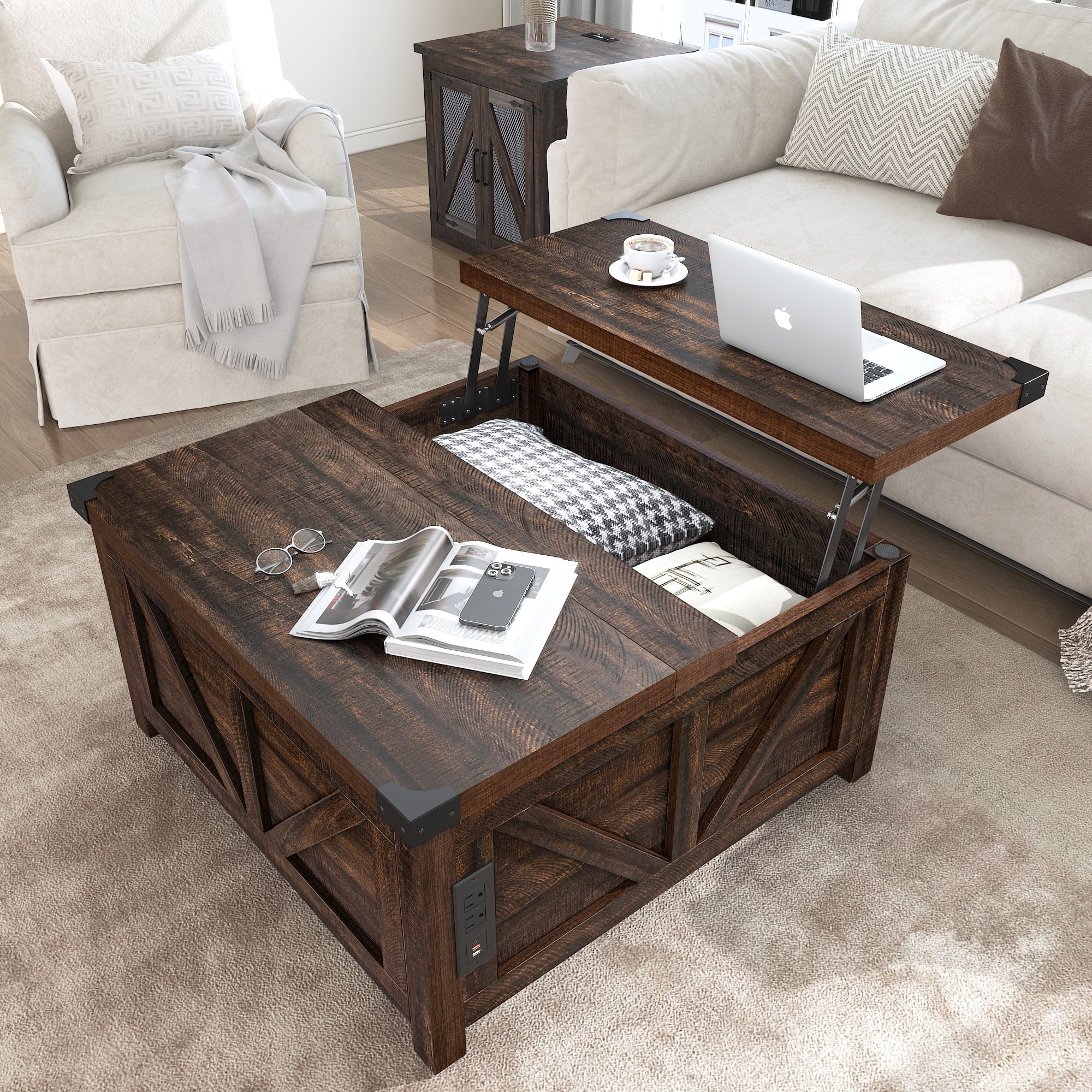 ChVans 35.6" Square Lift Top Coffee Table, Farmhouse Coffee Table with Storage & Charging Ports, Wood Center Table w/Large Hidden Space for Living Room Home Office, Brown