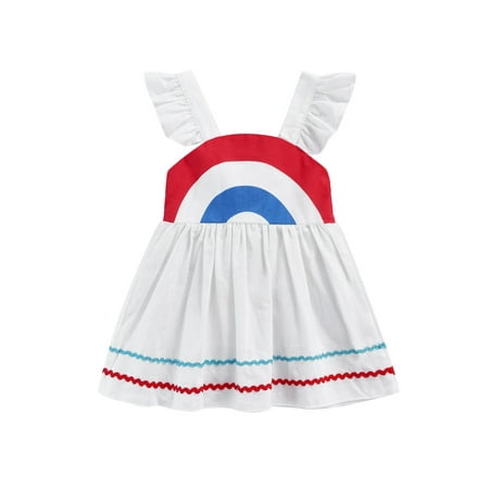 

Sunisery Kids Toddler Girls Casual Dress Ruffle Trim Shoulder Straps Back Tie-up Bowknot Rainbow Printed Dress White 6-12 Months