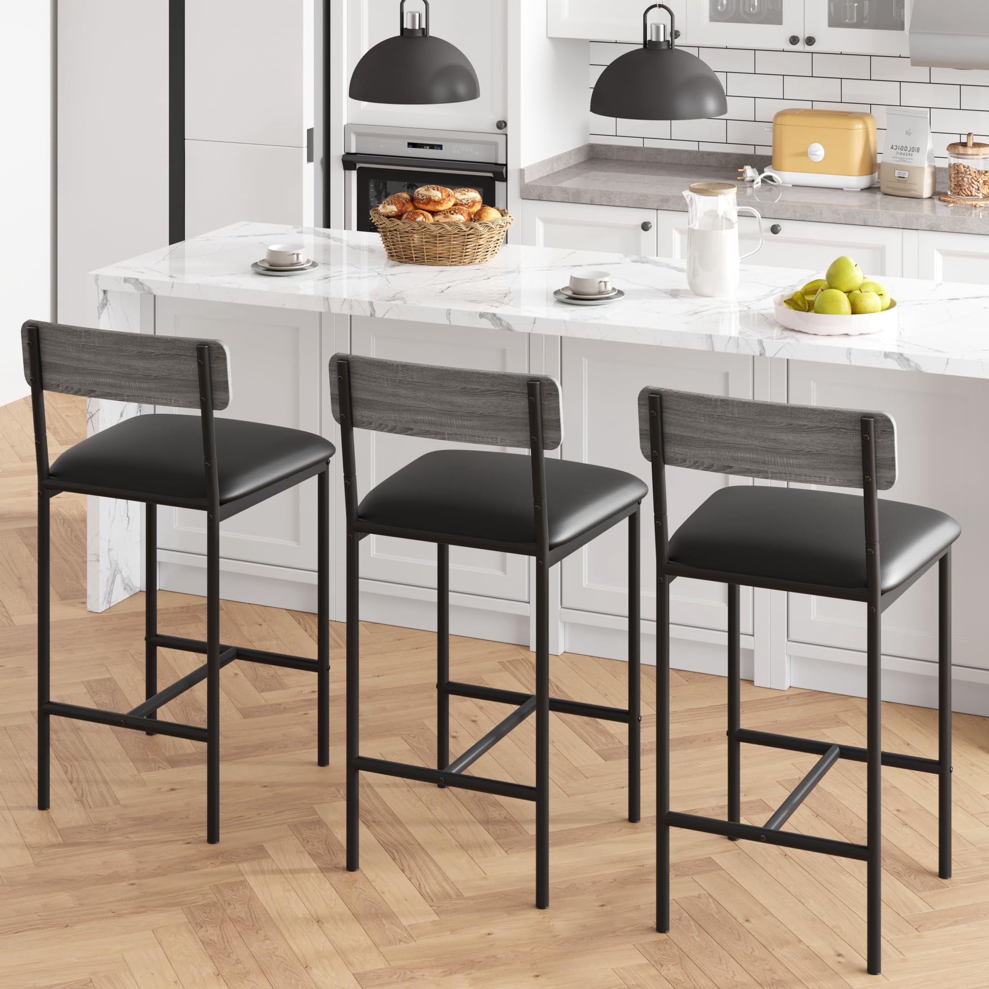 Fancihabor Counter Height Bar Stools PU Upholstered, Rustic Grey (Set of 2)