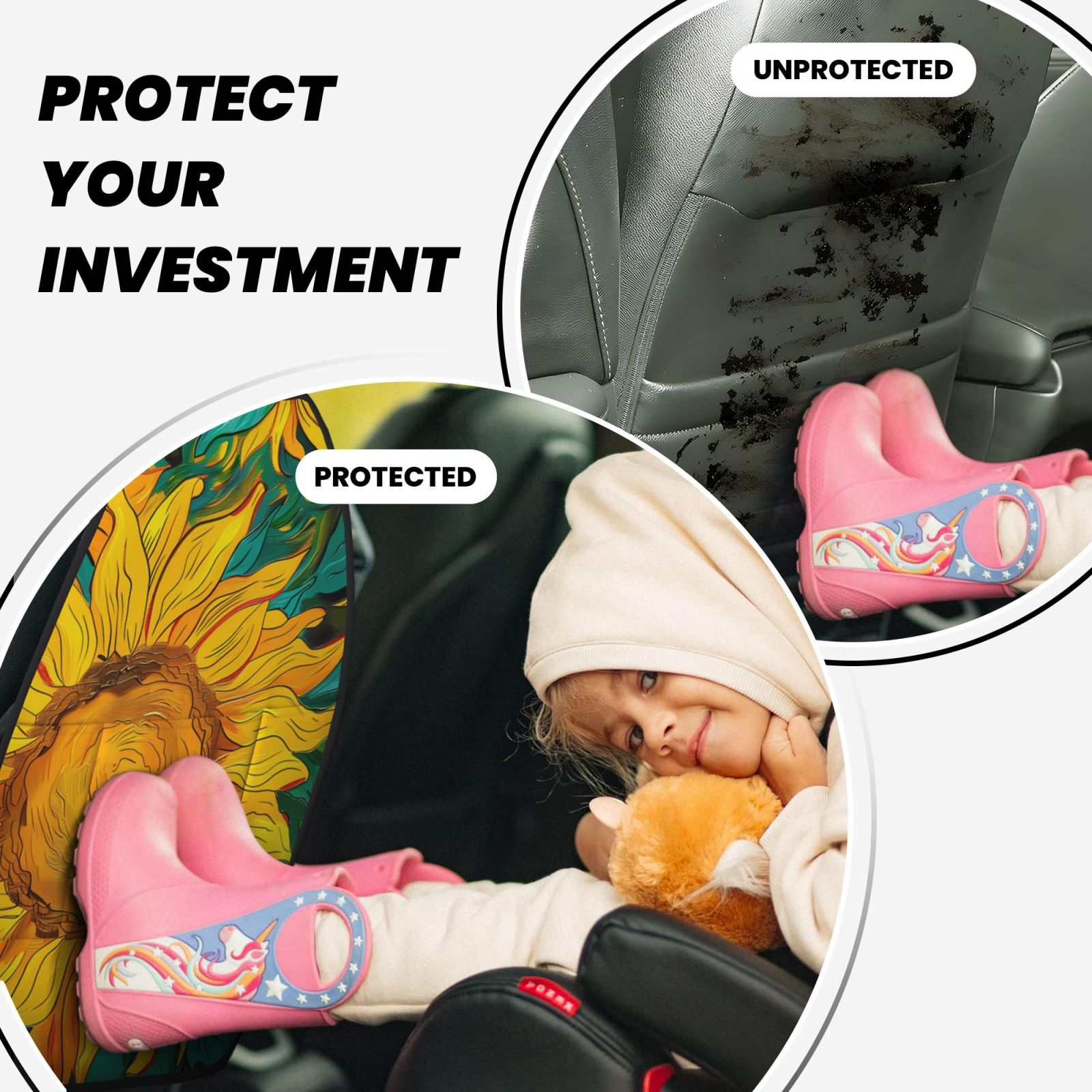 Kdxio Vibrant Sunflower Painting Print 2 Pack Car Kick Mat Seat Cover Back Protector Mat with Pockets for Organizer Backseat Protector and Storage Anti Kick Pad for Vehicles