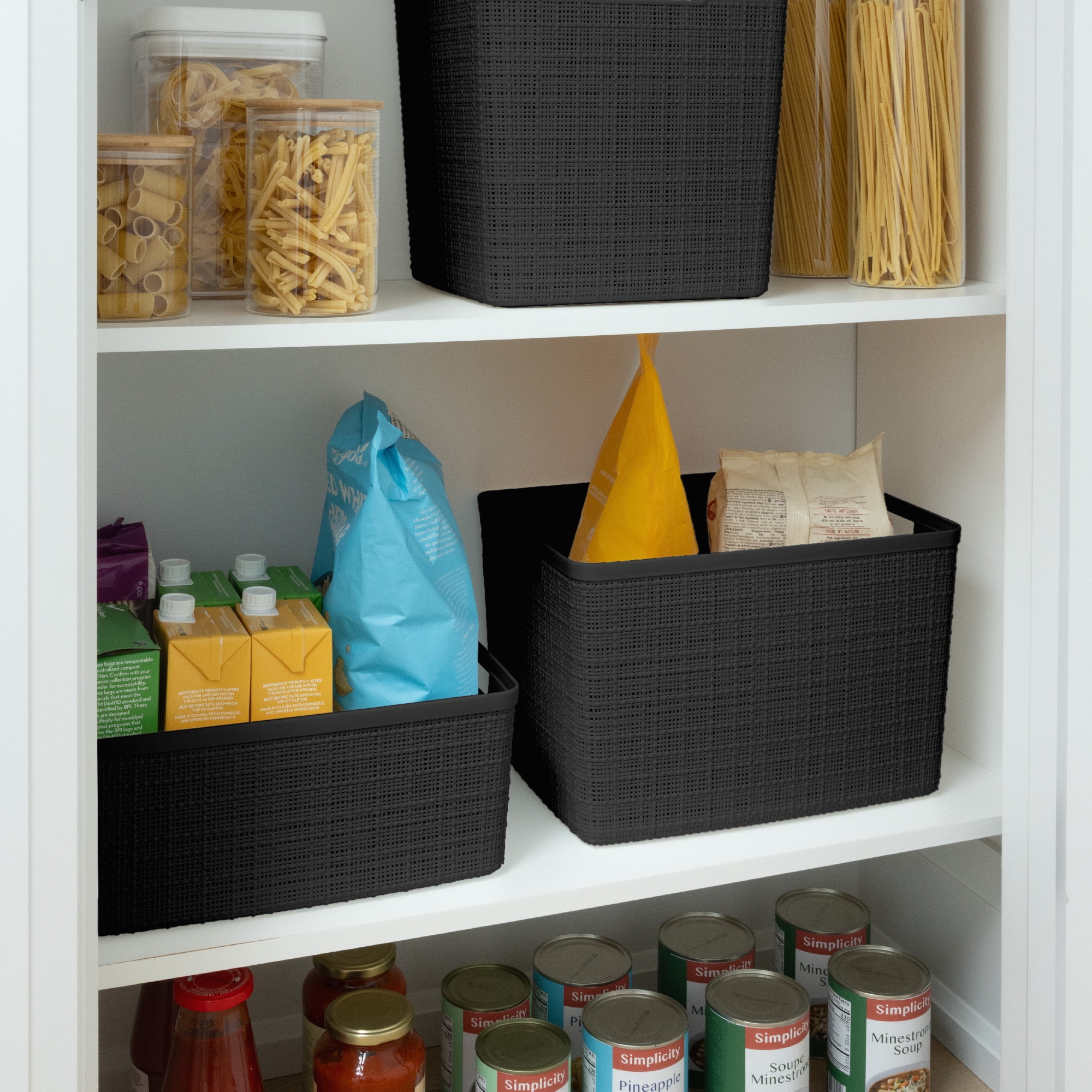 Curver Set of 4 Jute Basket Large Durable Resin Organization and Storage Basket Bin, Black