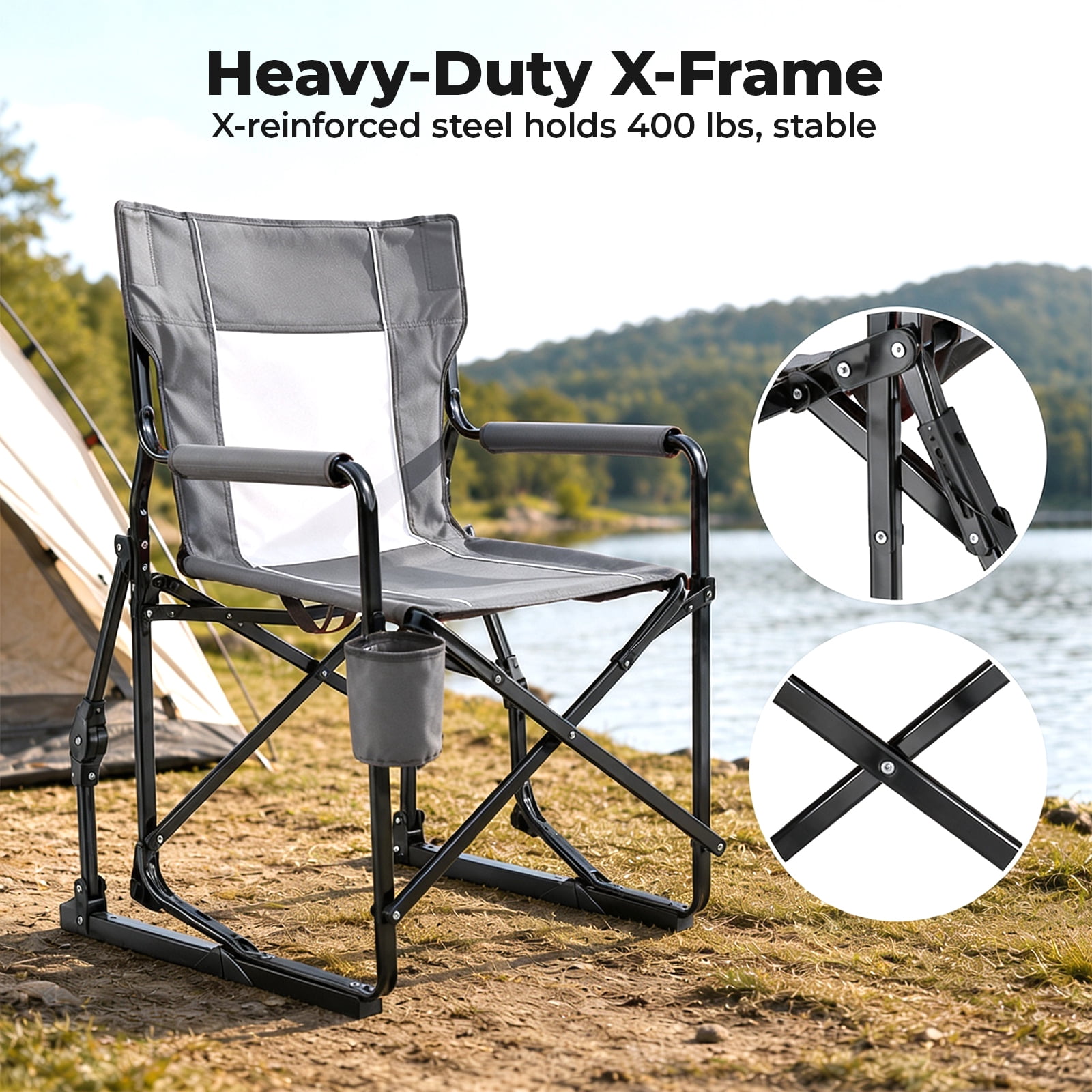 Alvantor Outdoor Folding Rocking Camping Chair, Portable Mesh Lawn Chairs with Comfortable Mesh Backrest, Waterproof Armrests and Sturdy Frame