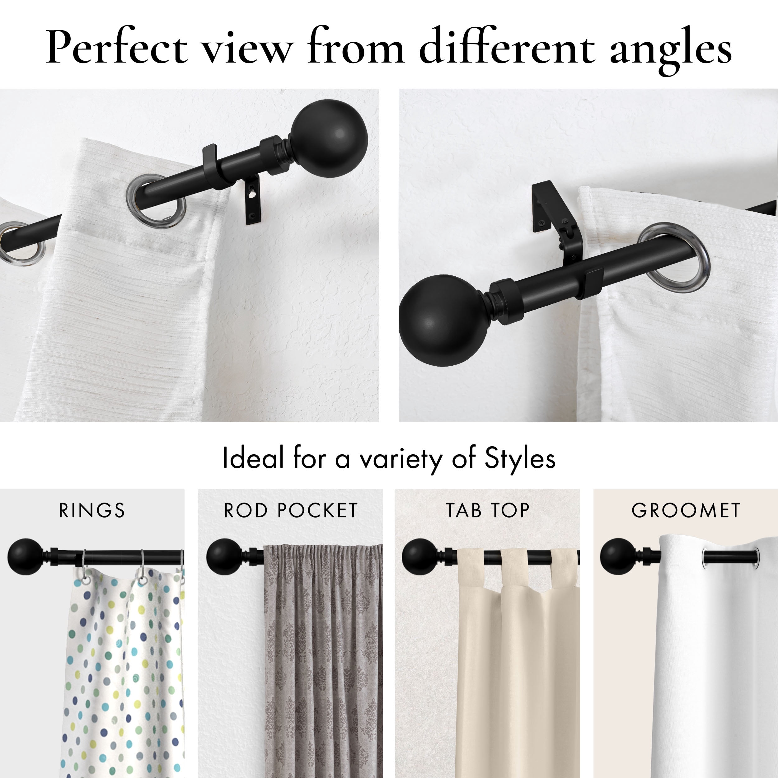 MERIVILLE 1" Single Curtain Rod Set, Adjustable 84–120 Inches, Ball Finials, Black