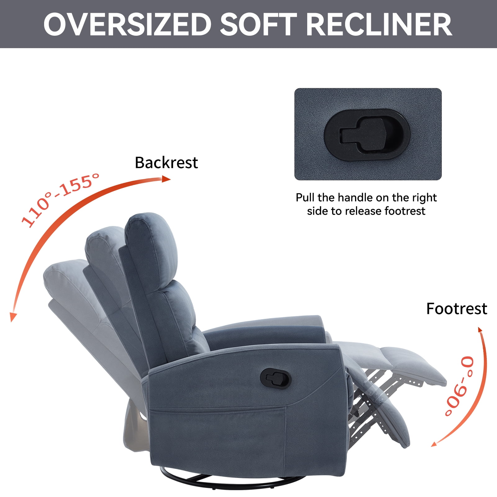 Aukfa 360° Swivel Manual Recliner Chair, Overstuffed Nursery Glider Chair for Living Room, Gray