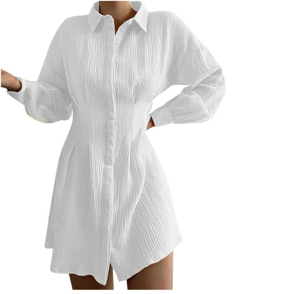 Womens Plus Size Puff Long Sleeve Mini Shirts Dress Button Down Turndown Collar Short Blouse Dress Ruched Plain Dress