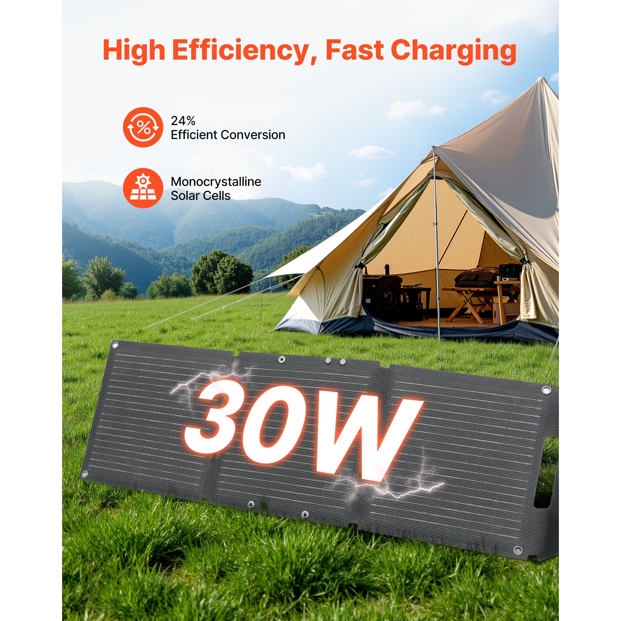KFFKFF 30W Foldable Solar Panel Charger, High-Efficiency N-Type Monocrystalline Design, Lightweight and Portable with USB-A, QC3.0, and Type-C Ports for Outdoor Activities and Device Charging