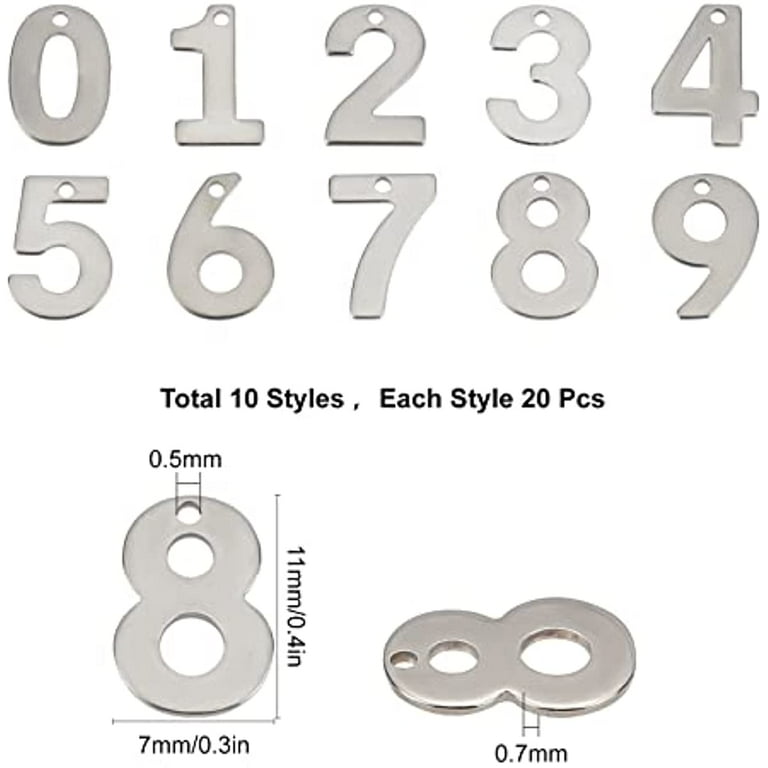 1 Box 200Pcs 10 Styles Number Charms Silver 0 9 Stainless Steel Hollow Lucky Figures Pendants Bulk Metal Digital Beads for Jewelry Making Charms DIY