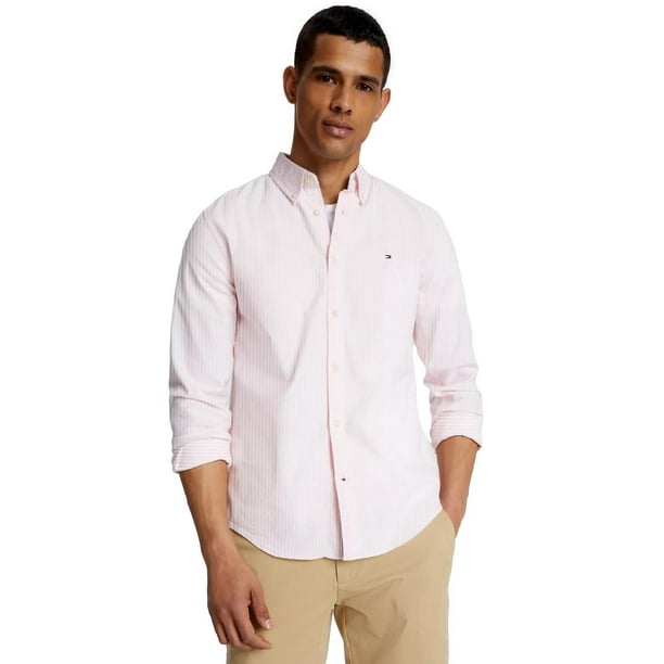Camisa Tommy Hilfiger para hombre, manga larga, Oxford, a rayas, rosa, L