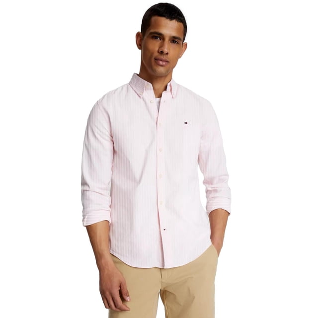 Camisa Tommy Hilfiger para hombre, manga larga, Oxford, a rayas, rosa, L