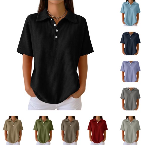 Bbyeadc Golf Shirts for Women Short Sleeve Waffle Knit Loose Top Breathable Collared Golf Shirt Casual Workout Shirt,Black (XXL)