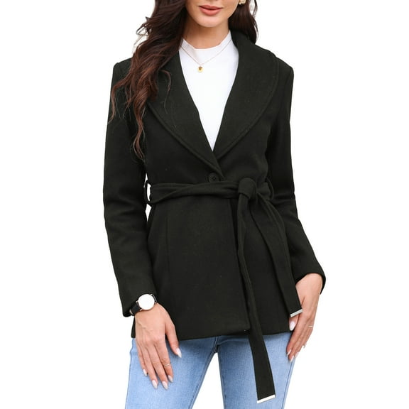 DARING DIVA Women's Lapel Collar One Button Overcoat with Belt XS Black