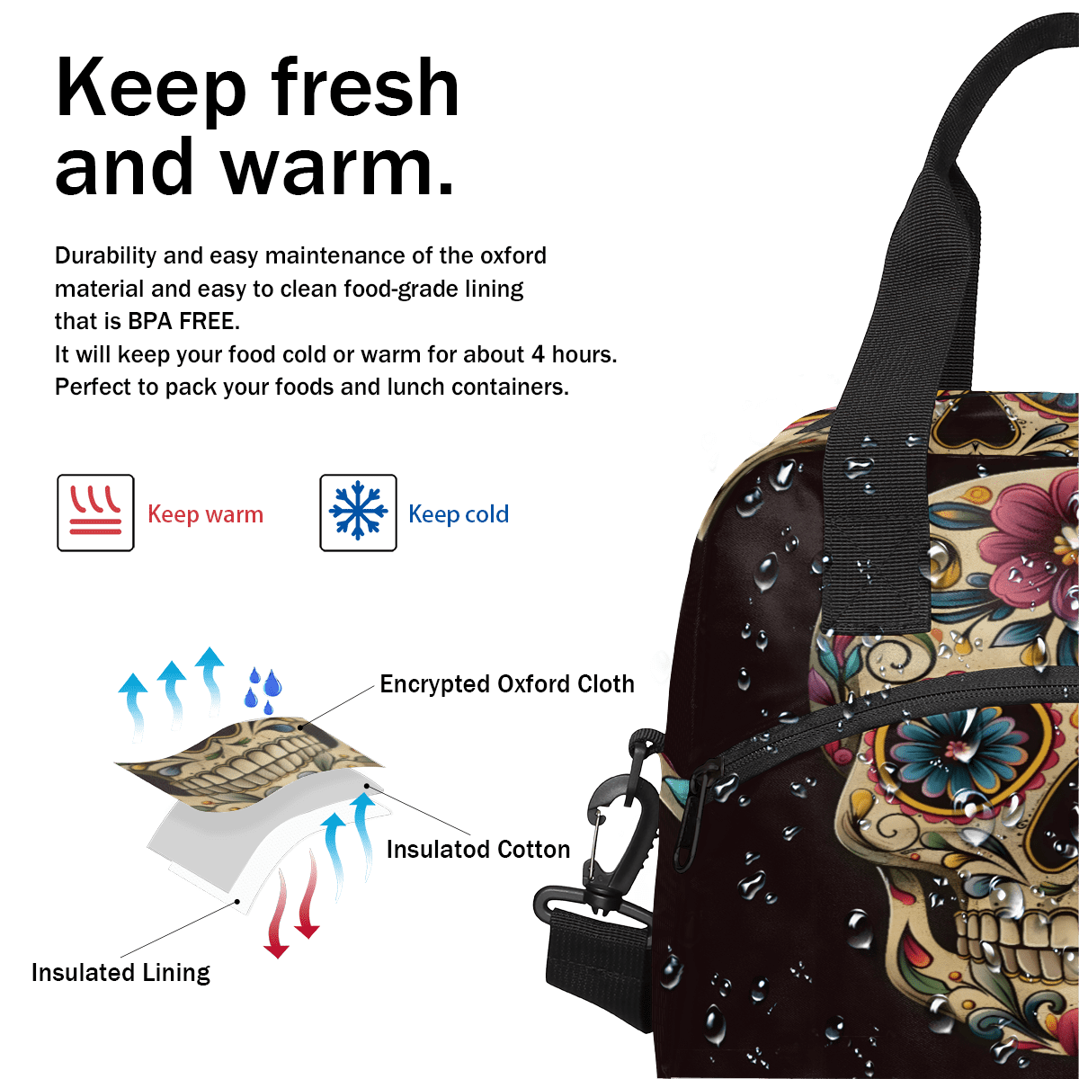 Herdesigns Day The Dead Skull Halloween Insulated Lunch Bag for Women Men Adults Large Reusable Lunch Box Leakproof Portable Cooler Tote Bags with Adjustable Shoulder Strap