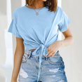thumbnail image 2 of YOTMKGDO Crop Tops for Women, Summer Outfits for Women, Womens Casual Short Sleeve Tie Front Top Round Neck Summer Solid Color Crop Top T Shirt, Short Sleeve Shirts for Women, Blue, S, 2 of 6