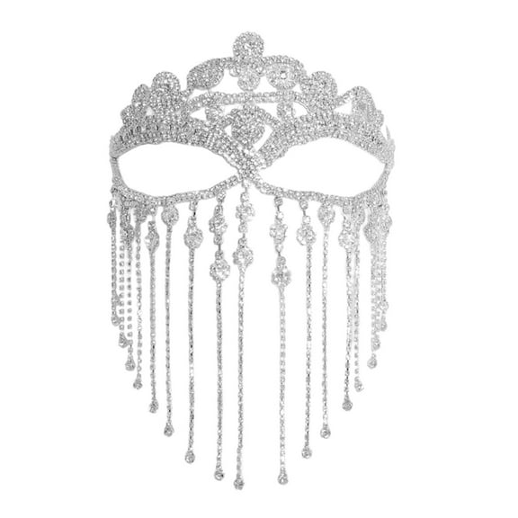 YIEMEEN Rhinestones Tassels Veil Full Face Women Chain Face Masquerade Dance