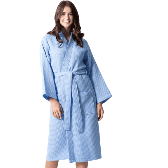Elegani Robes and Towels, Women's Waffle Light Blue Long Premium Cotton Blend Bathrobe (Small)