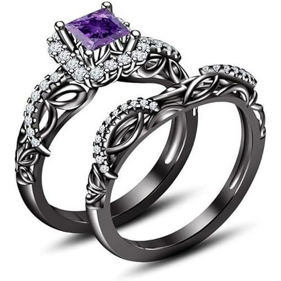 Rag Jewels 925 Sterling Silver 3.00 Ct Princess Cut Purple Amethyst Wedding Engagement Thanksgiving Christmas Bridal Ring Set 14K Black Gold Plated For Women's -7