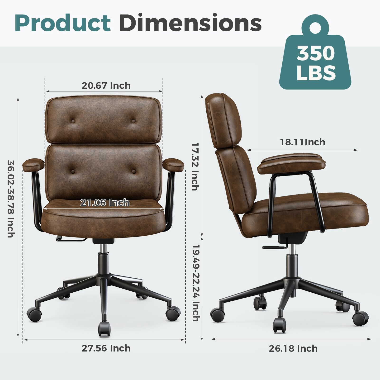 Kelno Ergonomic PU Leather Office Chair 350lbs Capacity High Back Computer Chair with Lumbar Support Adjustable Rolling Swivel Task Chair, Brown